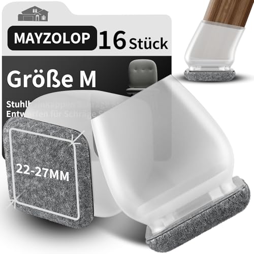 MAYZOLOP 16 Stück Stuhlbeinkappen Transparente, Ø22-27mm Stuhlbeinkappen Schräge Stuhlbeine mit Grau Filz, Hartholzboden Stuhlbeinschoner, Stuhlbeinkappen Eckig, Kein Lärm Kein Kratzer von MAYZOLOP