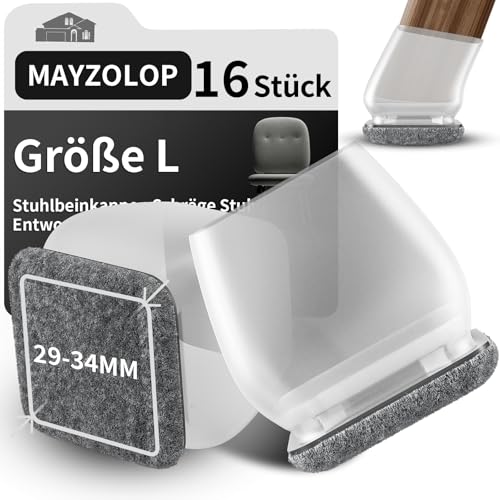 MAYZOLOP 16 Stück Stuhlbeinkappen Transparente, Ø29-34mm Stuhlbeinkappen Schräge Stuhlbeine mit Grau Filz, Hartholzboden Stuhlbeinschoner, Stuhlbeinkappen Eckig, Kein Lärm Kein Kratzer von MAYZOLOP