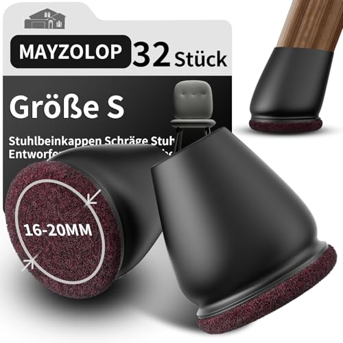 MAYZOLOP 32 Stück Stuhlbeinkappen Schwarz, Ø16-20mm Stuhlbeinkappen Schräge Stuhlbeine mit Filz, Hartholzboden Stuhlbeinschoner, Stuhlbeinkappen Rund, Kein Lärm Kein Kratzer von MAYZOLOP