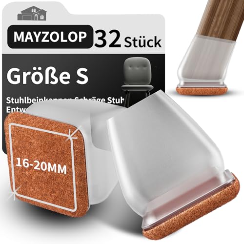 MAYZOLOP 32 Stück Stuhlbeinkappen Transparente, 0.75in Stuhlbeinkappen Schräge Stuhlbeine, Hartholzboden Stuhlbeinschoner, Stuhlbeinkappen Eckig mit Filz Kein Lärm Kein Kratzer von MAYZOLOP