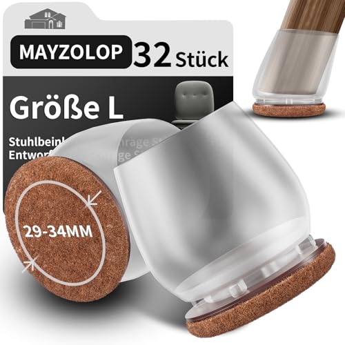 MAYZOLOP 32 Stück Stuhlbeinkappen Transparente, 1.25in Stuhlbeinkappen Schräge Stuhlbeine, Hartholzboden Stuhlbeinschoner, Stuhlbeinkappen Rund mit Filz, Kein Lärm Kein Kratzer von MAYZOLOP