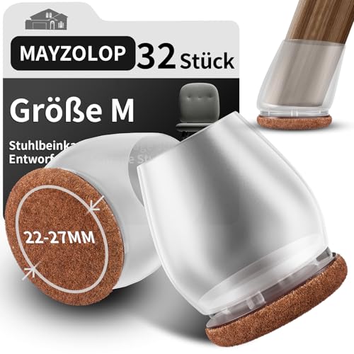 MAYZOLOP 32 Stück Stuhlbeinkappen Transparente, 1in Stuhlbeinkappen Schräge Stuhlbeine, Hartholzboden Stuhlbeinschoner, Stuhlbeinkappen Rund mit Filz, Kein Lärm Kein Kratzer von MAYZOLOP