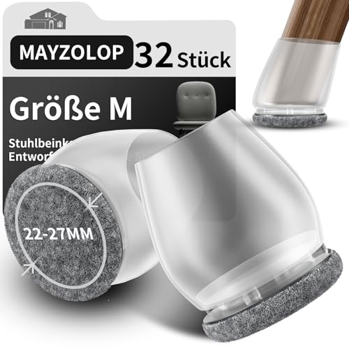 MAYZOLOP 32 Stück Stuhlbeinkappen Transparente, Ø22-27mm Stuhlbeinkappen Schräge Stuhlbeine mit Grau Filz, Hartholzboden Stuhlbeinschoner, Stuhlbeinkappen Rund, Kein Lärm Kein Kratzer von MAYZOLOP