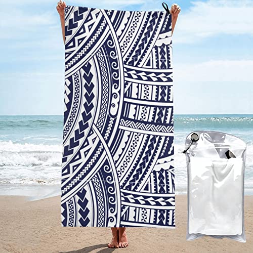 MAZBIT Blaues polynesisches Maori-Tribal-Muster, schnell trocknendes Handtuch, super saugfähige Mikrofaser-Strandtücher mit einer Tragetasche für Reisen, Schwimmen, Camping, 80 x 160 cm von MAZBIT