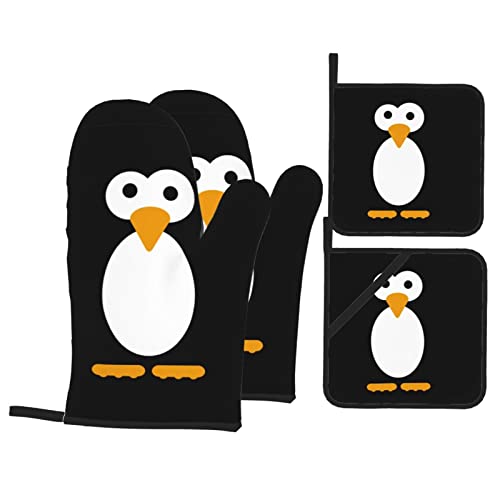 Niedlicher Pinguin-Ofenhandschuh und Topflappen-Set, 4 Stück, hitzebeständig, rutschfest, Ofenhandschuh, Topflappen für Küche, Grill von MAZBIT