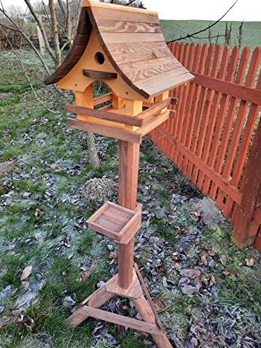 Vogelhaus mit Nistkasten und Ständer aus Holz, Futterhaus, Futterstation für Wildvögel, Vogelfutterhaus zum Stellen für den Garten oder Balkon 6 Farben (Kiefer + Rosenholz) von MAZUR International