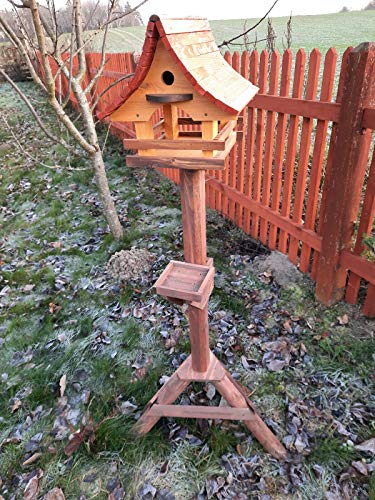 Vogelhaus mit Nistkasten und Ständer aus Holz, Futterhaus, Futterstation für Wildvögel, Vogelfutterhaus zum Stellen für den Garten oder Balkon 6 Farben (Kiefer + Rosenholz + Mahagoni) von MAZUR International