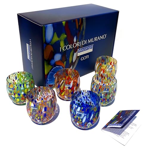 MAZZEGA ART & DESIGN - 6 Gläser Goto Wasser aus handgefertigtem mundgeblasenem Glas mit verfeinerten und originellen Murano Murrine - Die Farben von Murano - Modell Classic 290 ml. von MAZZEGA ART & DESIGN