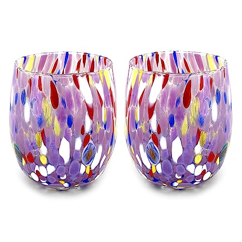 MAZZEGA ART & DESIGN – 2 Wassergläser aus mundgeblasenem Glas mit raffiniertem und originellem Murano-Murrin – Die Farben von Murano – Modell „Colombina 435 ml“. Hergestellt in Italien (Lila, 2) von MAZZEGA ART & DESIGN