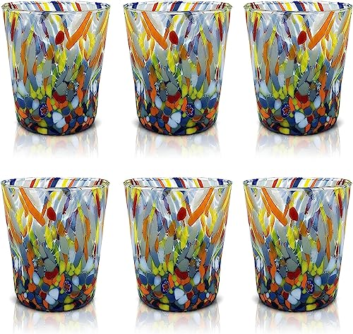 MAZZEGA ART & DESIGN – 6 „Goto“ Tumbler-Gläser aus mundgeblasenem und handgefertigtem Glas mit Murrine Murano – Die Farben von Murano – Modell „Tumbler 350 ml. Hergestellt in Italien von MAZZEGA ART & DESIGN