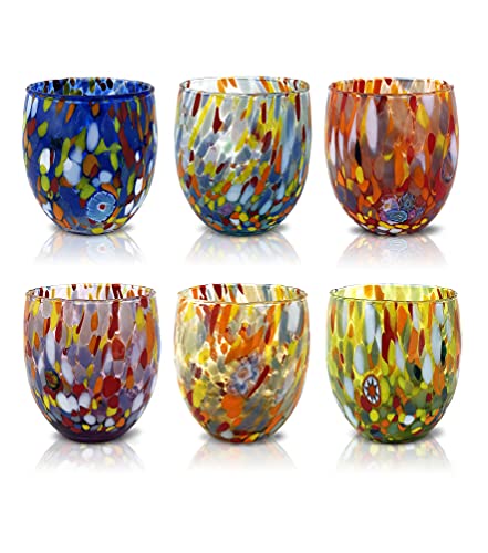 MAZZEGA ART & DESIGN - 6 Gläser Goto Wasser aus handgefertigtem mundgeblasenem Glas mit verfeinerten und originellen Murano Murrine - Die Farben von Murano - Modell Classic 290 ml. (6-Farben-Mix, 1) von MAZZEGA ART & DESIGN