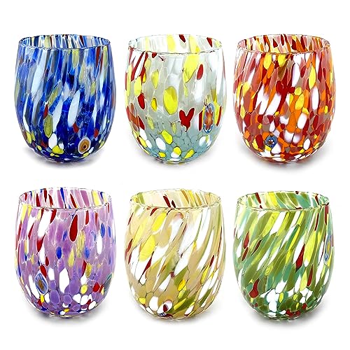MAZZEGA ART & DESIGN 6 Wassergläser aus mundgeblasenem Glas mit raffiniertem und originellem Murano-Murrin – I colori di Murano – Modell „Colombina 290 ml“. (Farben mischen, 6) von MAZZEGA ART & DESIGN