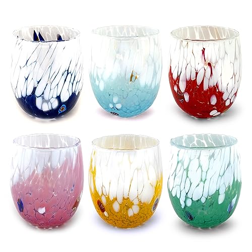 MAZZEGA ART & DESIGN Wassergläser Bicolor aus handgefertigtem und handgearbeitetem Muranoglas mit Murrine-Muster - Die Farben von Murano - Bicolor 380 ml. (6 Farben Mischen, 6) von MAZZEGA ART & DESIGN