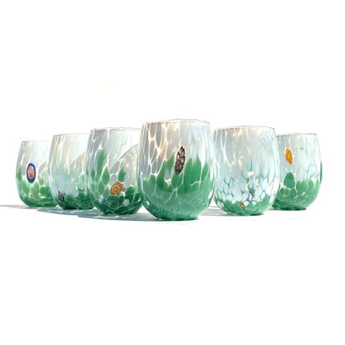 MAZZEGA ART & DESIGN Wassergläser Bicolor aus handgefertigtem und handgearbeitetem Muranoglas mit Murrine-Muster - Die Farben von Murano - Bicolor 435ml. (6, Grün) von MAZZEGA ART & DESIGN