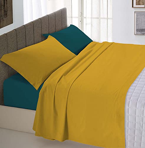 Italian Bed Linen Natürliche Farbe, quadratisches und halbes Bett-Set, Ocra/Petroleum Green von Italian Bed Linen