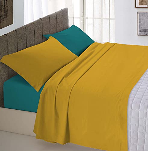 Italian Bed Linen Bettwäsche-Set aus 100% Baumwolle, naturfarben, Ocra/Flaschengrün, eineinhalb von Italian Bed Linen