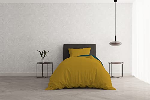Italian Bed Linen Beauty Plus Fine 50 den Matte Solid Color 1 Paar Bettbezug-Set, natürliche Farbe, Baumwolle, Ocker/Petroleum Green, Einzelbett von Italian Bed Linen