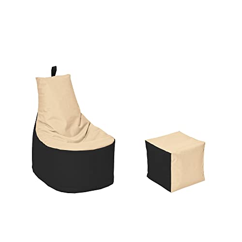 MILLINDABAG Modern Sitzsack für Kinder und Erwachsene Sessel Kissen In & Outdoor Gaminggeignet & bereits gefüllt Sitzkissen Bodenkissen (Schwarz - Beige, XXL - Durchmesser 78 cm mit Hocker) von MB MILLINDABAG