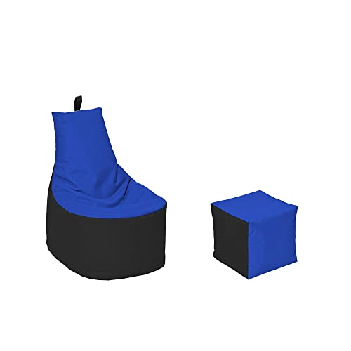 MILLINDABAG Modern Sitzsack für Kinder und Erwachsene Sessel Kissen In & Outdoor Gaminggeignet & bereits gefüllt Sitzkissen Bodenkissen (Schwarz - Blau, XL - Durchmesser 65 cm mit Hocker) von MB MILLINDABAG