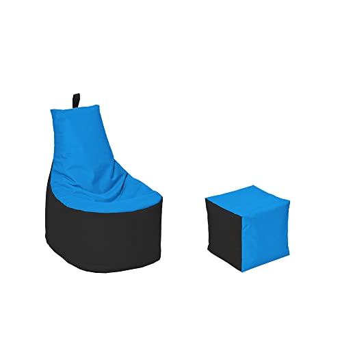 MILLINDABAG Modern Sitzsack für Kinder und Erwachsene Sessel Kissen In & Outdoor Gaminggeignet & bereits gefüllt Sitzkissen Bodenkissen (Schwarz - Hellblau, XXL - Durchmesser 78 cm mit Hocker) von MB MILLINDABAG
