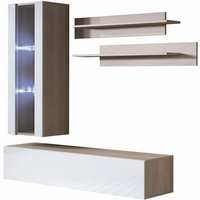 Wohnwand mit led Mediawand Möbel tv TV-Schrank Wohnzimmer Wohnmöbel Anbauwand Möbelkombination Hängend 160cm Luke 5E Sonoma Matt mit Weiß Glanz von MB MOEBEL
