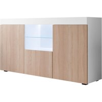 Sideboard mit led Küchenschrank Kommode Wohnzimmerschrank 3 Türen Aufbewarungsschrank Buffet Esszimmer 150x80x40cm Modell Natolia Weiss mit Sonoma von MB MOEBEL