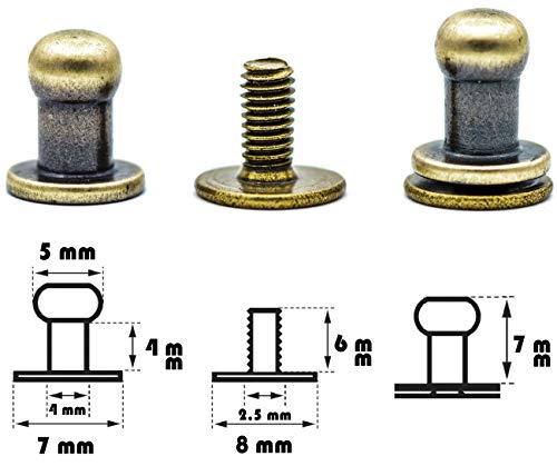 My Belt - 20 Stück Kopfnieten mit Schraubverschluss 5mm / Pilzkopfniete Altmessing, Knopfniete zum Anschrauben, Beiltaschenknopf von MB MY BELT