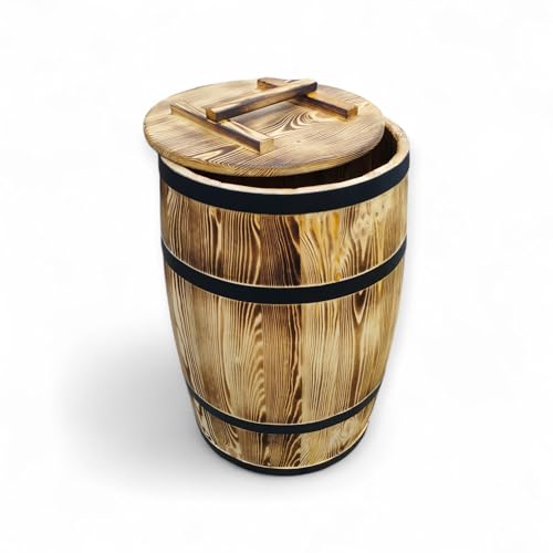 Holzfass mit Deckel und Metallreifen – Aus gebranntem Holz im Vintage-Stil – Rustikales Fass für Garten, Regenwasser oder Deko 60 Liter von MB Manufaktura Barel