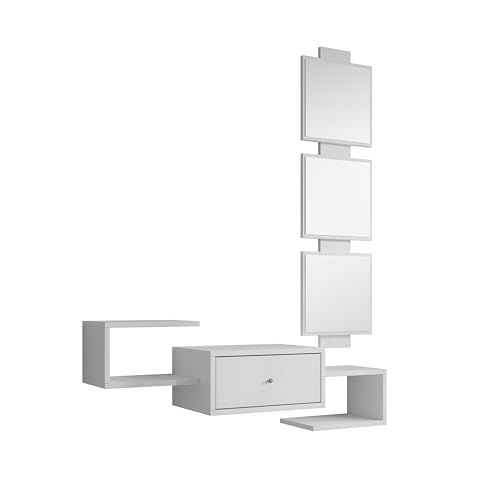 MB Muebles Bonitos | Flurmöbel mit Spiegel und Schublade | Dielenmöbel | Hängende Eingangsmöbel | Moderner Stil | Breite 99,5 x Höhe 145 x Tiefe 22 cm | Mattes weißes Melamin | Modell Neo von MB Muebles Bonitos