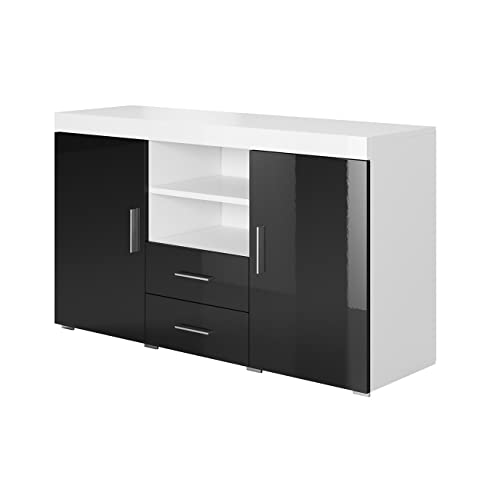 MB Muebles Bonitos | Modernes Sideboard Roque | Breite 140 x Höhe 80 x Tiefe 40 cm | Glänzendes Melamin | 2 Türen & 2 Schubladen | Weiß und Schwarz von MB Muebles Bonitos