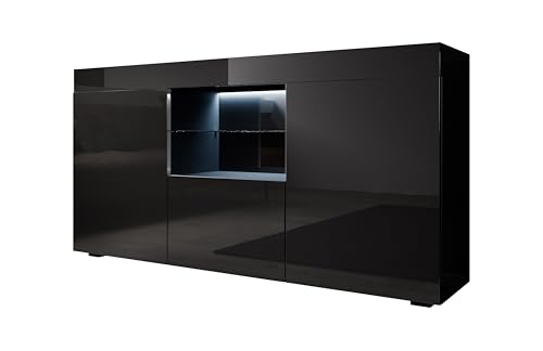 MB Muebles Bonitos | Sideboard Wohzimmer | Esszimmer Schrank Möbel | Breite 135 x Höhe 73 x Tiefe 34 cm | Glänzendes Melamin | 3 Türen | LED-Beleuchtung | Schwarz | Modell Sefora von MB Muebles Bonitos