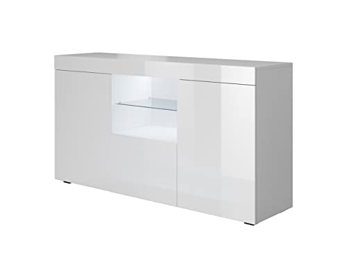MB Muebles Bonitos | Sideboard Wohzimmer | Esszimmer Schrank Möbel | Breite 135 x Höhe 73 x Tiefe 34 cm | Glänzendes Melamin | 3 Türen | LED-Beleuchtung | Weiß | Modell Sefora von MB Muebles Bonitos