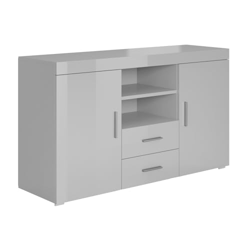 MB Muebles Bonitos | Modernes Sideboard Wohnzimmer oder Esszimmer | Breite 140 x Höhe 80 x Tiefe 40 cm | Glänzendes Grau Finish | 2 Türen | 2 Schubladen | TV-Möbel | Modell Roque von MB Muebles Bonitos