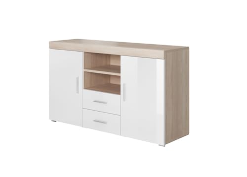 MB Muebles Bonitos | Modernes Sideboard Wohnzimmer oder Esszimmer | Breite 140 x Höhe 80 x Tiefe 40 cm | Mattes Sonoma und glänzendes Weiß Finish | 2 Türen | 2 Schubladen | TV-Möbel | Modell Roque von MB Muebles Bonitos