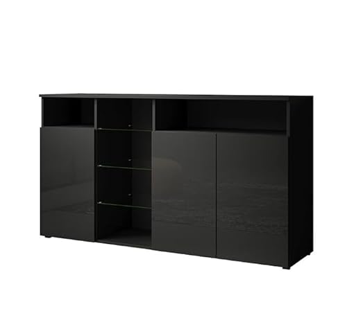 MB Muebles Bonitos | Sideboard Wohnzimmer | Breite 150 x Höhe 82 x Tiefe 40 cm | Modern | Farbe Schwarz mit Hochglanz Finish | 3 Türen | LED | Wohnzimmer TV Schrank | Modell Clark L von MB Muebles Bonitos