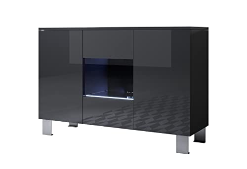 MB Muebles Bonitos | Sideboard | Wohzimmer Esszimmer Schrank Möbel | Breite 120 x Höhe 82 x Tiefe 45 cm | Glänzendes Melamin | 3 Türen | Stehendes Modell mit 12cm Alu-Füßen | Schwarz | Modell Luke A2 von MB Muebles Bonitos