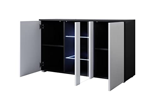 MB Muebles Bonitos | Sideboard | Wohzimmer Esszimmer Schrank Möbel | Breite 120 x Höhe 72 x Tiefe 45 cm | Glänzendes Melamin | 3 Türen | Modell mit 2cm Füßen | Schwarz mit Weiß | Modell Luke A1 von MB Muebles Bonitos