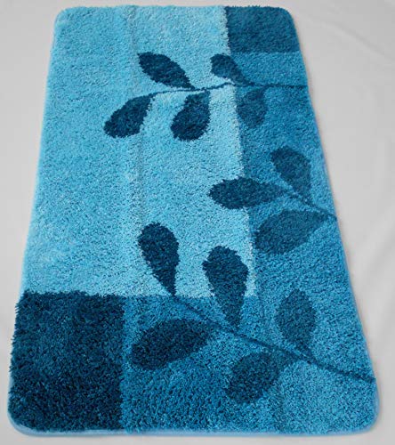 MB Warenhandel24 Badematte Badvorleger Badteppich Designer Grafik oder Farbverlauf Uni einfarbig 4 Größen 2 Varianten (Teppich Leaves Blau, Rund D: ca. 80 cm) von MB Warenhandel24