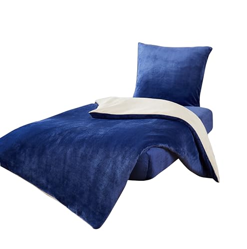 MB Warenhandel24 Bettwäsche 135x200 + 80x80 cm Winter Microfaser Flausch Fleece Thermofleece warm Cashmere Touch Teddy Coral Fleece 2 TLG teilig (Samt Touch Marine/Creme, ca. 135x200 + 80x80 cm) von MB Warenhandel24