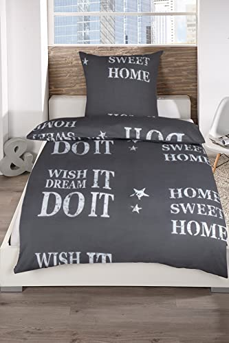 MB Warenhandel24 Bettwäsche Home Sweet Home Anthrazit Renforcé 100% Baumwolle 135x200 Bettbezug + 80x80 Kissenbezug mit Reißverschluss (2 teilig 1x ca. 135x200 + 1x ca. 80x80 cm) von MB Warenhandel24