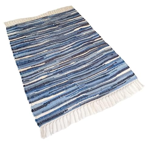 MB Warenhandel24 Handwebteppich Fleckerlteppich Flickenteppich gestreift 100% Baumwolle Handweb Teppich Fleckerl Waschbar NEU (ca. 40x60 cm, Tonal Blau gestreift) von MB Warenhandel24