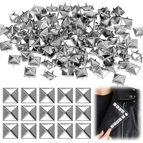 MBAIYO 100 Stück Quadratische Nieten Metall, 8 mm Nieten für Leder Pyramiden Spike Nieten Set DIY Punk Ziernieten Silber Studs für Taschen Lederband Kleidung Handschuhe von MBAIYO