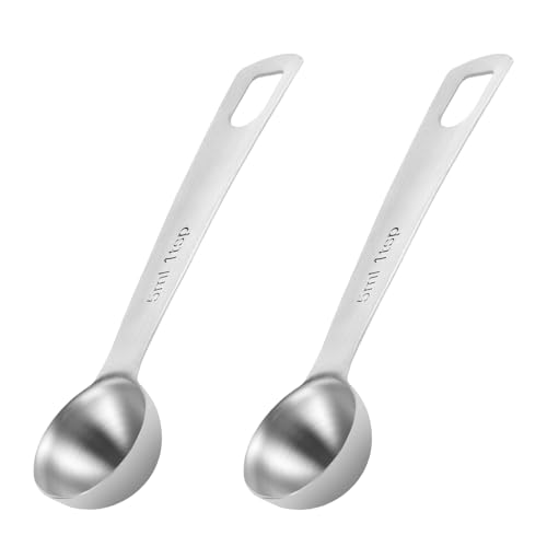 MBAIYO 2 Stück Edelstahl Messlöffel, 5ml Mini Kaffeelöffel Portionierer Kaffeedosierlöffel mit Langem Griff Silberne Runder Messschaufel Metall Gewürzlöffel für Gewürzgläser Backen Kochen von MBAIYO