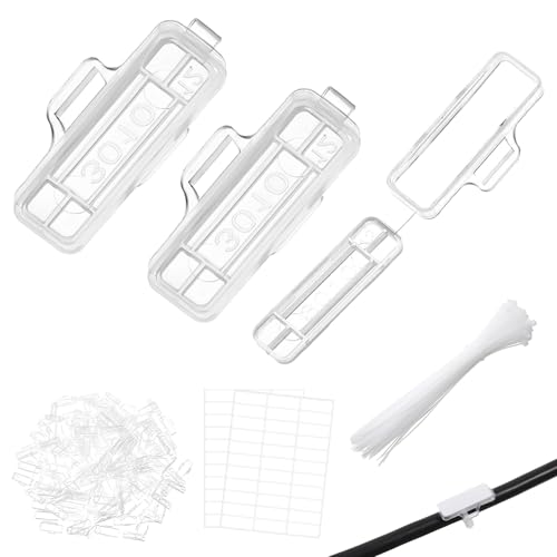 MBAIYO 300 Stück Kabelbeschriftung Erkennungsbox Set, Kabeletiketten Transparent Wasserdicht Kabel Beschriftung mit 100 Kabelbinder 3010 Kabelbeschriftung Clip für Kennzeichnung und Sortierung von MBAIYO