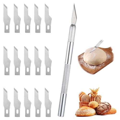 MBAIYO Bäckermesser mit 15 Klingen, Brot Bäcker Cutter Baguettemesser Edelstahlgriff Teig Rasiermesser mit Kunststoff Schutzhülle Teigmesser Brotmesser für DIY Brotteig Muster Ritzmesser Einschneiden von MBAIYO