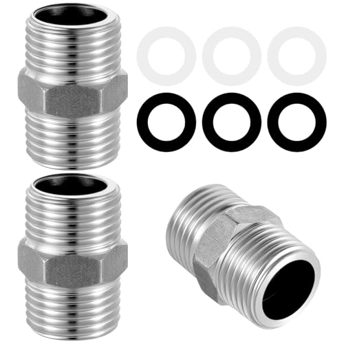 MBAIYO Doppelnippel 1/2 Zoll,3 Stück Duschschlauch Verlängerung Edelstahl Doppelnippel Duschschlauch Verbinder Verlängerung 6 Stück Dichtungen von MBAIYO