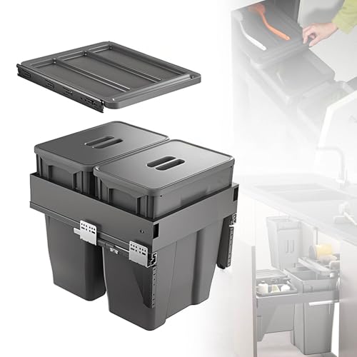 MBBTAG Ausziehbarer Abfalleimer Küchenmülleimer 2 Fach Mülltrenner mit Deckel, Einbaumülleimer für Küchenunterschrank, Ablagefläche auf dem Deckel, Platzsparend(41x50x46cm(30L+30L)) von MBBTAG