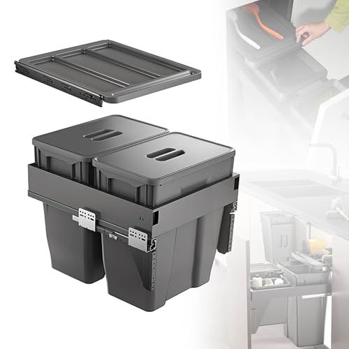 MBBTAG Ausziehbarer Abfalleimer Küchenmülleimer 2 Fach Mülltrenner mit Deckel, Einbaumülleimer für Küchenunterschrank, Ablagefläche auf dem Deckel, Platzsparend(46x50x46cm(30L+30L)) von MBBTAG