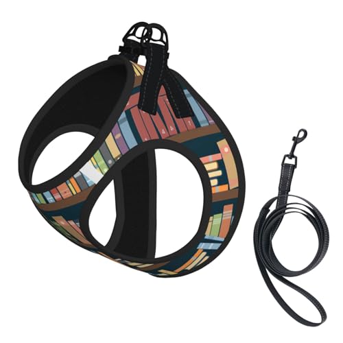 Cartoon-Bücherregal mit Bücherwurm-Druck, Geschirr-Set für Katzen und Hunde, reflektierend, verstellbar, weich, atmungsaktiv, Netzweste mit ausbruchsicherer Leine, für kleine Haustiere und Kätzchen von MBCbjg