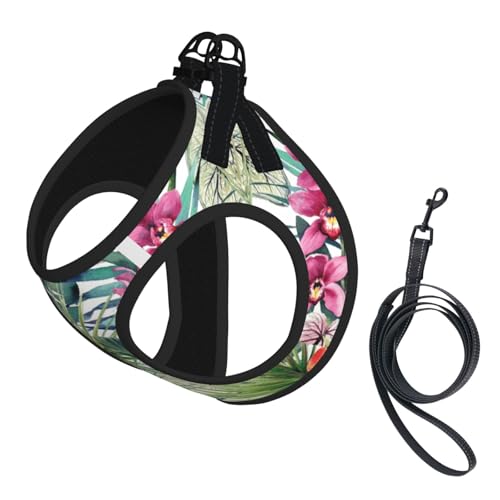 Geschirr-Set mit tropischen Pflanzen für Katzen und Hunde, reflektierend, verstellbar, weich, atmungsaktiv, Netzweste mit ausbruchsicherer Leine, für kleine Haustiere und Kätzchen, Welpen von MBCbjg